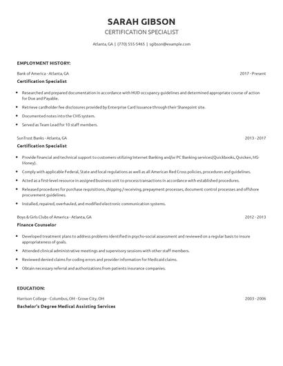 Certification Specialist Resume