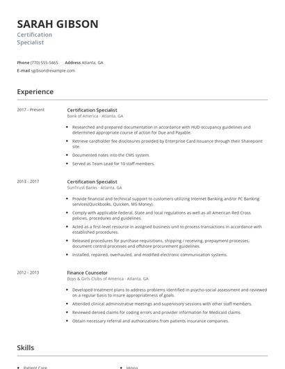 Certification Specialist Resume