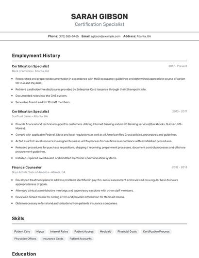 Certification Specialist Resume