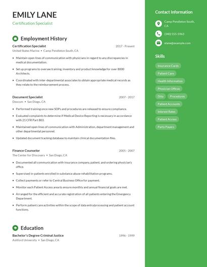Certification Specialist Resume