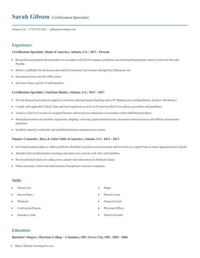 Certification Specialist Resume