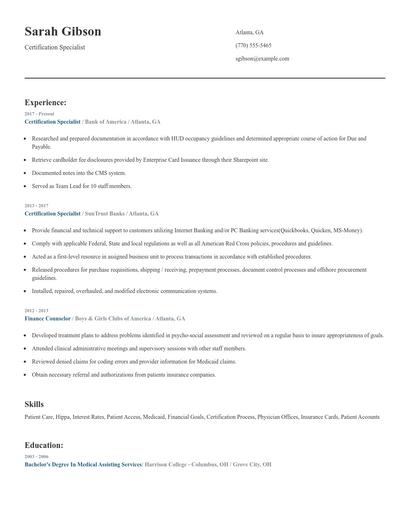 Certification Specialist Resume