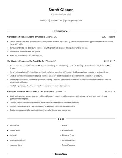 Certification Specialist Resume