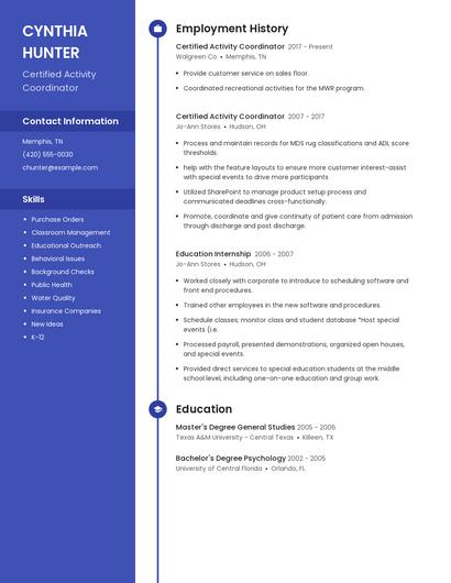 Certified Activity Coordinator Resume