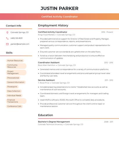 Certified Activity Coordinator Resume
