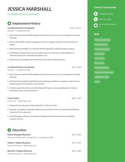 Certified Activity Coordinator Resume