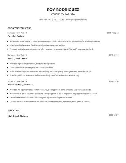 Certified Barista Resume