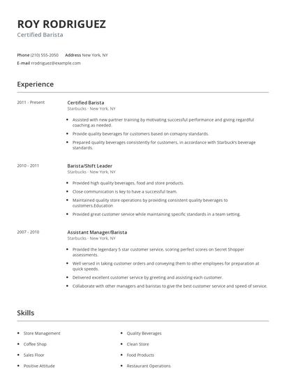 Certified Barista Resume