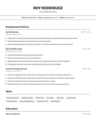 Certified Barista Resume