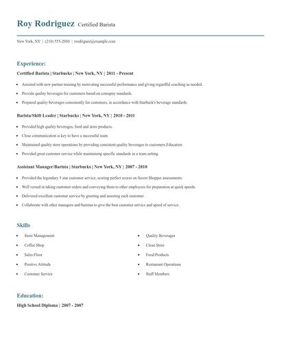 Certified Barista Resume