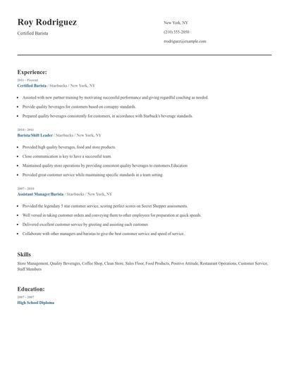 Certified Barista Resume