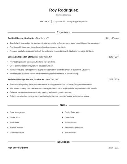 Certified Barista Resume