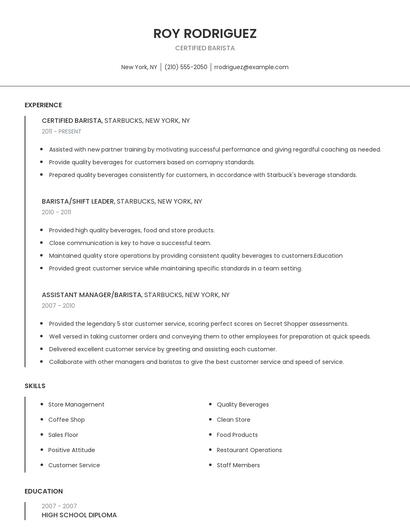 Certified Barista Resume