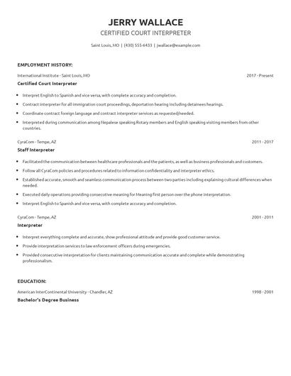 Certified Court Interpreter Resume