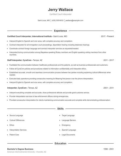 Certified Court Interpreter Resume