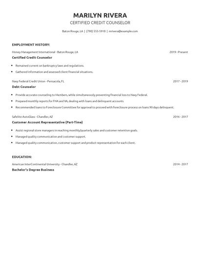Certified Credit Counselor Resume