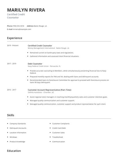 Certified Credit Counselor Resume