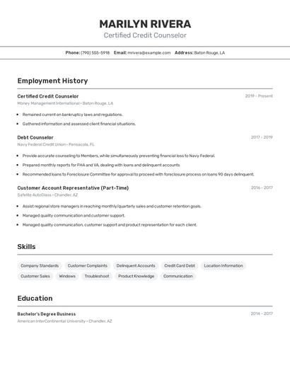 Certified Credit Counselor Resume