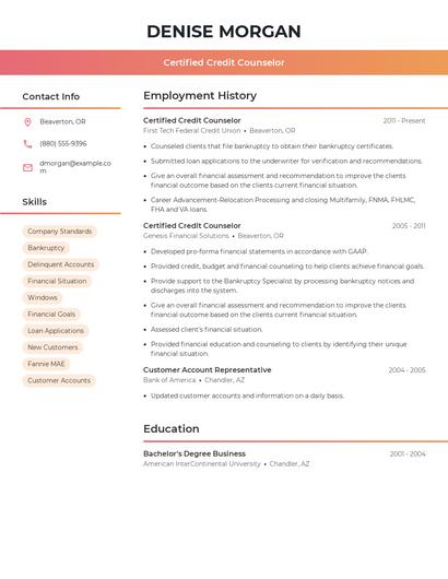Certified Credit Counselor Resume