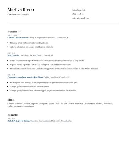 Certified Credit Counselor Resume