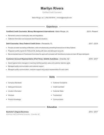 Certified Credit Counselor Resume