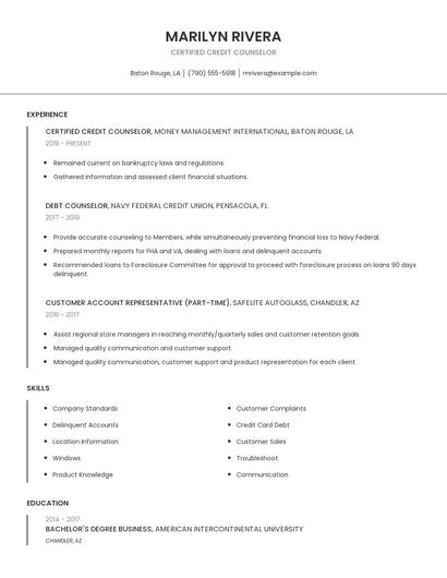 Certified Credit Counselor Resume