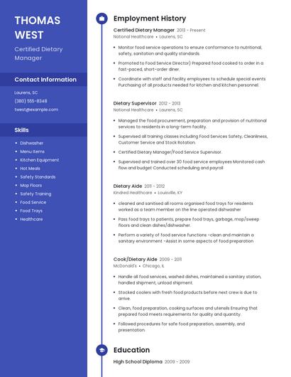 Certified Dietary Manager Resume