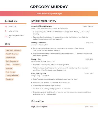 Certified Dietary Manager Resume