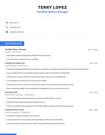 Certified Dietary Manager Resume