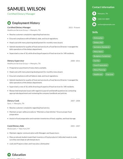 Certified Dietary Manager Resume