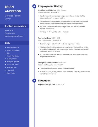 Certified Forklift Driver Resume