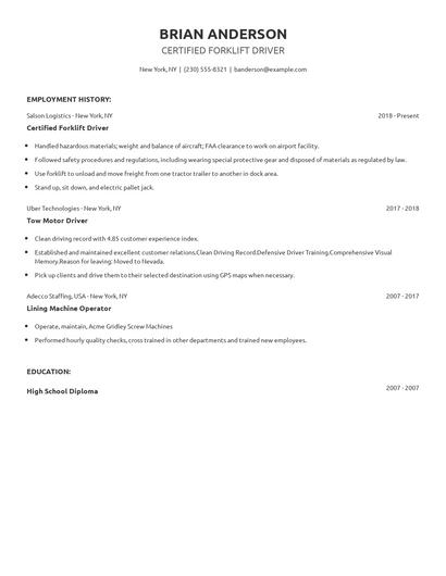 Certified Forklift Driver Resume