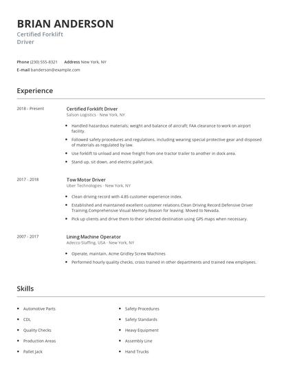 Certified Forklift Driver Resume