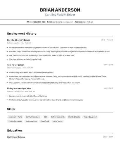 Certified Forklift Driver Resume