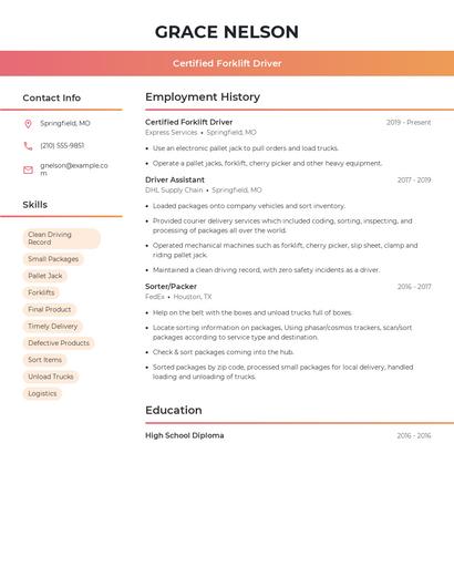 Certified Forklift Driver Resume