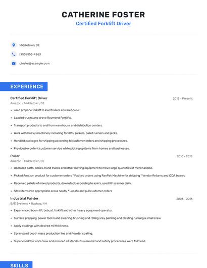 Certified Forklift Driver Resume