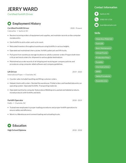 Certified Forklift Driver Resume