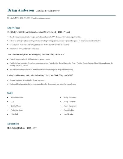 Certified Forklift Driver Resume
