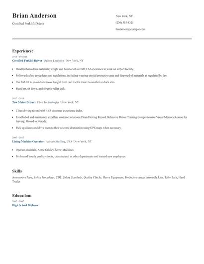 Certified Forklift Driver Resume