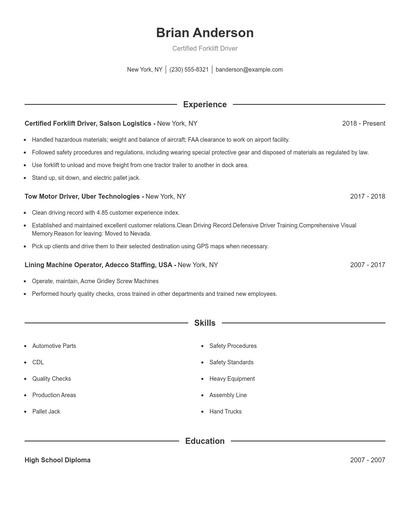 Certified Forklift Driver Resume