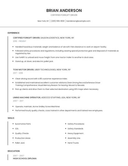 Certified Forklift Driver Resume