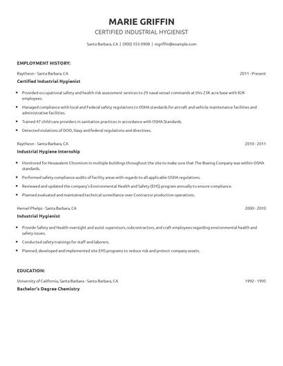 Certified Industrial Hygienist Resume