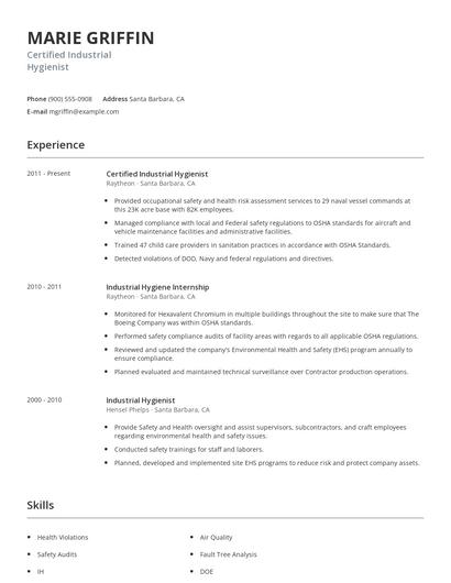 Certified Industrial Hygienist Resume