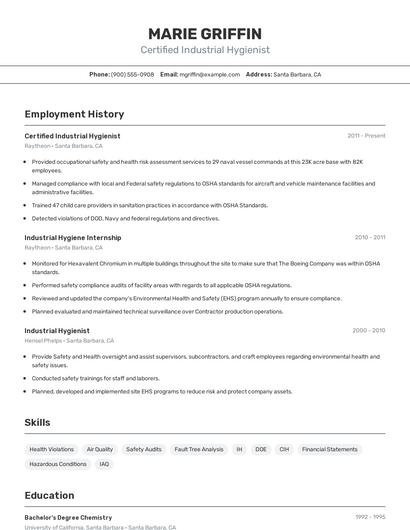 Certified Industrial Hygienist Resume