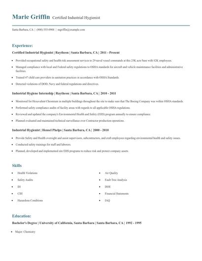 Certified Industrial Hygienist Resume