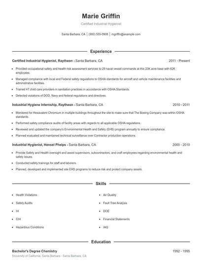 Certified Industrial Hygienist Resume