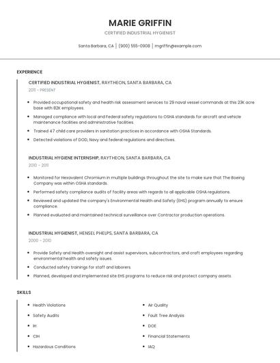 Certified Industrial Hygienist Resume