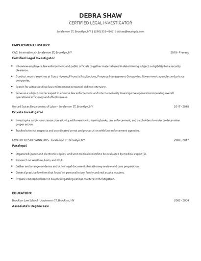 Certified Legal Investigator Resume