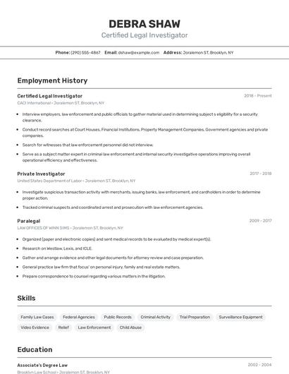Certified Legal Investigator Resume