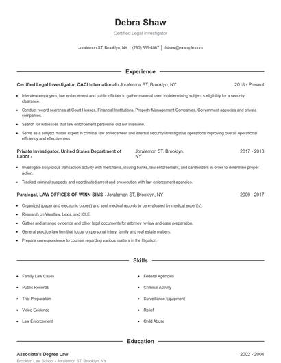 Certified Legal Investigator Resume